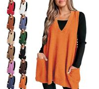 Cozy Pocket Sweater Vest, Solid Color Oversized Sweater Vest, Womens Casual Sleeveless Ribbed V Neck Knit Vest (Orange,L)