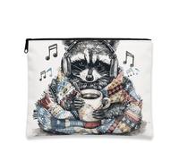 Cozy Raccoon Makeup Bag, Cute Animal Print Cosmetic Pouch for Women, Portable Canvas Zipper Organizer, for Fall and Winter, White, 7x9 Inch, Raccoon