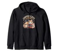 Cozy Reading Cat Coffee and Books Lover Artwork Zip Hoodie
