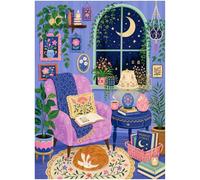Cozy Reading Nook 500 Piece Jigsaw Puzzle for Adults, Cottagecore Room Scene with Moonlit Window, Houseplants, Floral Armchair, Books, Lamp and Sleeping Cat, 20.5 x 15 in with Included Poster