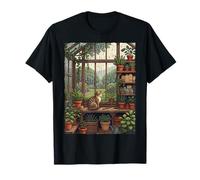 Cozy Retro 8-Bit Pixel Art Cat Greenhouse Plants Rainy Day T-Shirt