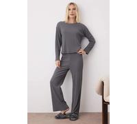 Cozy Ribbed Knit Long Sleeve & Wide Leg Pajama Set - 2 Piece HOXTON GAL Grey L