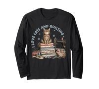 Cozy Sewing Cat Quilting Craft Lover Vintage Design Long Sleeve T-Shirt