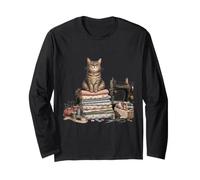 Cozy Sewing Cat Quilting Craft Lover Vintage Design Long Sleeve T-Shirt