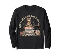 Cozy Sewing Cat Quilting Craft Lover Vintage Design Long Sleeve T-Shirt
