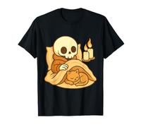 Cozy Skeleton Resting with Sleeping Cat Illustration T-Shirt