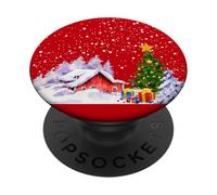 Cozy snow cabin with snowflakes and snowy Christmas tree PopSockets Adhesive PopGrip