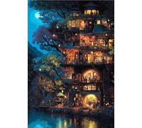 Cozy Treehouse Community Wooden Jigsaw Puzzle,1000pc,Lakeside Warm Light Gathering Puzzle