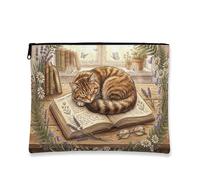Cozy Vintage Cat Makeup Bag, Artistic Sleeping Cat Cosmetic Travel Pouch for Women, Portable Canvas Zipper Organizer, Spring Relaxation Toiletry Bag, Brown, 7x9 Inch, Cat