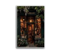 Cozy Vintage Library Storefront with Wisteria Canvas Wall Art Moody Dark Academia Print for Book Lover Home Decor