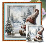 Cozy Winter Gnome Cross Stitch Kit for Adults Beginners, 11CT Stamped DIY Embroidery Set, Nordic Gonk by Snowy Window, Festive Needlepoint Craft for Holiday Home Decor - 40x40cm