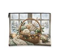 Cozy Winter Knitting Theme Yarn Basket Makeup Bag 7x9 Inch | Cozy Knitted Theme, Makeup Zipper Pouch, Woven Basket Illustration, Snowy Window Background, Winter Crafting Aesthetic