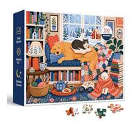 Cozy Winter Reading Nook 500 Piece Jigsaw Puzzle for Adults & Teens, Snowy Window Seat Scene with Golden Retriever, Cat, Quilt, Books, Tea Tray and Cottage Interior Art, Warm Folk Style, 20.5 x 15 in