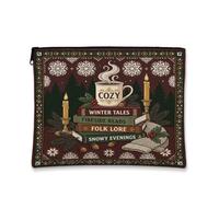 Cozy Winter Reading Quote Coffee Mug Christmas Makeup Bag 7x9 Inch | Vintage Art, Makeup Zipper Pouch, Steaming Coffee Cup, Stacked Book Theme, Winter Atmosphere, Holiday Home Decor
