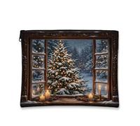 Cozy Winter Window Christmas Tree Makeup Bag, Brown, 7x9 Inch, Rustic | Winter Scenery, Cosmetic Bag, Cozy Cabin Vibe, Wooden Window Frame, Warm Candlelight, Seasonal Organization