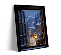 Cozy Winter Window Wall Art, Snowy Night Landscape Canvas Print, Nordic Home Decor Poster for Living Room or Bedroom 30x40cm Frame