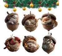 Cozy Woodland Christmas Ornaments, Forest Animal Acorn Ornaments, New Pine Cone Decoration, Forest Creature Acorns for Crafts Figurine, 2D Acrylic Hanging Ornament Home Party Décor (O-6pcs)