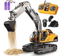 CozyBomB Construction Digger toys with 3 Interchangeable Heads & Light Effects,1:18 RC remote control car, Excavator Toys for Boys 3 4 5 6 7 8 9 10 11 12 Year Old Kids Christmas Birthday
