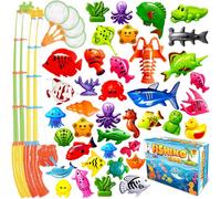 CozyBomB™ Magnetic Fishing Toys Game Set for Kids | Water Table Bathtub Kiddie Pool Party & Pole Rod Net, Plastic Floating Fish Toddler Color Ocean Sea Animals Christmas Birthday Gift Ages 3-5 4-8