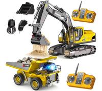 CozyBomB Remote Control Excavator & Dump Truck Toy Set for Kids | RC Construction Vehicles with Lights, Sound Effects, Metal Bucket, Claw & Drill Attachments, Engineering Toy Trucks for Boys
