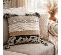 COZYDEKO Decorative Boho Pillow Cover, 18” x 18” Square, Soft Moroccan Rustic Throw with Tufted Accents, Plush Handwoven Cotton, Neutral Farmhouse Home Decor (Black)