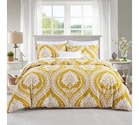 CozyDH Cotton Duvet Cover King Size - 100% Cotton 400 Thread Count Washed Duvet Cover Set with Yellow Floral Damask Paisley Pattern, 3 Piece Soft Bedding Set (King, 104" x 90", No Comforter)