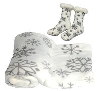 Cozydoze Xmas Slipper Socks, Snowflakes, Fluffy Sherpa, Warm and Fleecy, Christmas & Winter, Red, Blue, Silver Grey, White, Gold (Pair of White Socks and Christmas Throw Blanket(Silver Snowflakes))