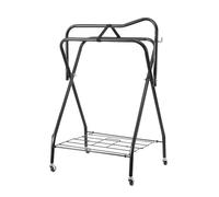 Cozyel Saddle Trolley - 4 Wheeled Portable Folding Cart for Transporting Saddles, Tack and Other Gear - Saddle Stand for Standing Black with Robust Metal Hooks for Hanging and Accessory Storage Shelf