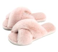 Cozyfurry Womens Cross Band Slippers Cozy Furry Fuzzy House Slippers Open Toe Fluffy Indoor Shoes Outdoor Slip on Warm Breathable Anti-skid Sole, Pink, 7-8