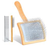 COZYGIFT Dog Slicker Brush for Medium or Long Haired Dogs, Long Pin Slicker Brush for Removes Loose Hair, Tangles and Knots, Best Grooming Tools for Small Animals, Large, Free Pet Comb, Wood