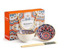 CozyHomeWare Bohemia Geometric Design Ceramic Bowl and Chopsticks Gift Set, Bohemian Style, 2 Colourful Ramen Bowls, Ideal for Gifts (2)
