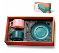 CozyHomeWare Coffee Tea Mugs Gift Set- Gift for Couple, The Styled Ceramic Couple Cup Set with Plate and Spoon in a Gift Box (Pink and Green), Wedding, Anniversary, Birthday Gifts