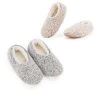 Cozylook 2-Pair Women's Soft Sole Slipper Socks with Grippers, Thick Warm Cozy Sherpa Lined Home Socks Set, Cable Knitted Non-slip Fluffy Winter House Bedroom Slippers, 2-pair Gray+taupe, 7-8