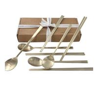 cozymomdeco Korean Made Traditional Utensil Chopstick Set Flatware Champagne Gold Stainless Steel Spoon & Chopsticks Comfortable Grip