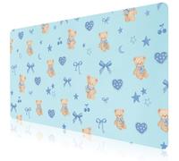 CozyNestCY Blue Bow Bear Office Desk Mat 23.6'‘ x 11.8’' Desktop Mat PU Leather Large Mouse Pad Blue Mousepad Non-Slip Table Mat for Girls, Women, Home, Work, Computer, and Gaming