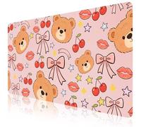 CozyNestCY Pink Butterfly Bear Office Desk Mat 27.6'‘ x 13.8’' Desktop Mat PU Leather Large Mouse Pad Pink Mousepad Non-Slip Table Mat for Girls, Women, Home, Work, Computer, and Gaming