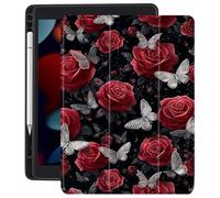 CozyNestCY Red Rose Butterfly Case for Ipad Air 11 Inch 2024 Gothic Romantic Floral Cover Retro Shell Auto Sleep/Wake Anti-Slip Shockproof Cover with Clear Back Shell & Pencil Holder(Girl Women)