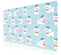 CozyNestCY White Puppy Office Desk Mat 23.6'‘ x 11.8’' Desktop Mat PU Leather Large Mouse Pad Blue Mousepad Non-Slip Table Mat for Girls, Women, Home, Work, Computer, and Gaming