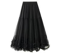 COZYPOIN Maxi Tulle Skirts for Women Elastic High Waisted A Line Long Layered Tutu Mesh Ruffles Tiered Flowy Fairy Skirt, Black, XL