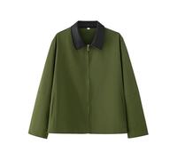 COZYPOIN Women Barn Jacket Workwear Utility Coat Contrast PU Leather Collar Cropped Zip Up Cargo Canvas Outwear Pockets, Army Green, Medium