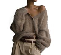 COZYPOIN Womens Fuzzy Cardigan Sweater V Neck Long Sleeve Button Down Soft Furry Top Slouchy Drop Shoulder Knit Coat, Khaki, M