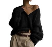 COZYPOIN Womens Fuzzy Mohair Cardigan Open Front Button Down V Neck Long Sleeve Sweater Slouchy Drop Shoulder Knit Coat, Black, L