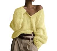 COZYPOIN Womens Fuzzy Mohair Cardigan Open Front Button Down V Neck Long Sleeve Sweater Slouchy Drop Shoulder Knit Coat, Yellow, XL