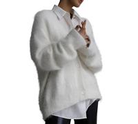 COZYPOIN Womens Fuzzy Mohair Cardigan Open Front Button Down V Neck Long Sleeve Sweater Slouchy Drop Shoulder Knit Coat, White, XL