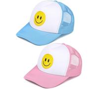 Cozypower 2 Pcs Smile Face Baseball Cap Smile Trucker Hat Mesh Adjustable Baseball Cap Retro Preppy Hats for Women, Blue, Pink, White, M/L