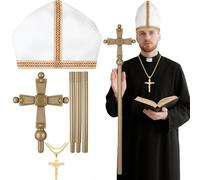 Cozypower 3 Pcs Halloween Pope Costume Catholic Cardinal Bishop Priest Hat Crozier Staff Cane Necklace for Adult Men