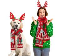 Cozypower 4 Pcs Matching Dog & Owner Christmas Clothes Set: Red Woolen Yarn Scarves & Headbands for Small, Medium & Large Dogs