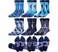 Cozypower 6 Pairs Men's Military Crew Socks Novelty Military Gift for Army Navy Airman Veteran Day Christmas Holiday, Mixed Military-themed Patterns, One Size
