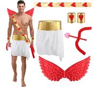 Cozypower Halloween Cupid Costume for Adult Include Wings Arrow Bow Wrist Cuffs Body Sash Kilt for Halloween Dress Up, Red, XL