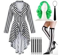 Cozypower Halloween Women's Black White Vertical Striped Kit Tailcoat Wig Tie Socks Clips (X-Small)